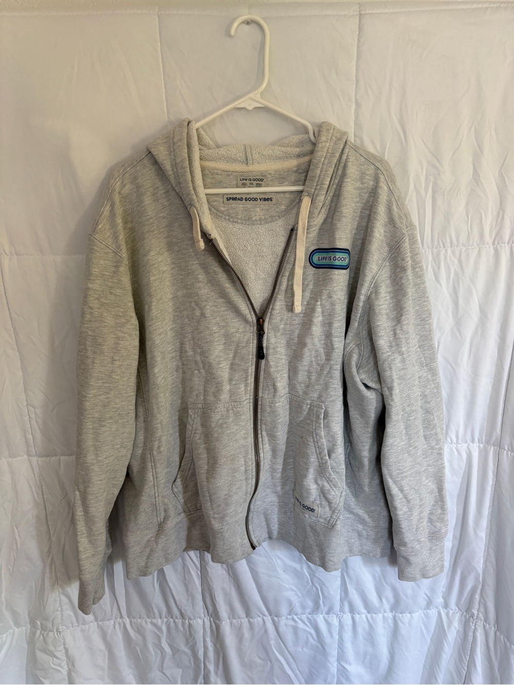Life is Good Women’s Light Gray Zip Hoodie - Spread Good Vibes